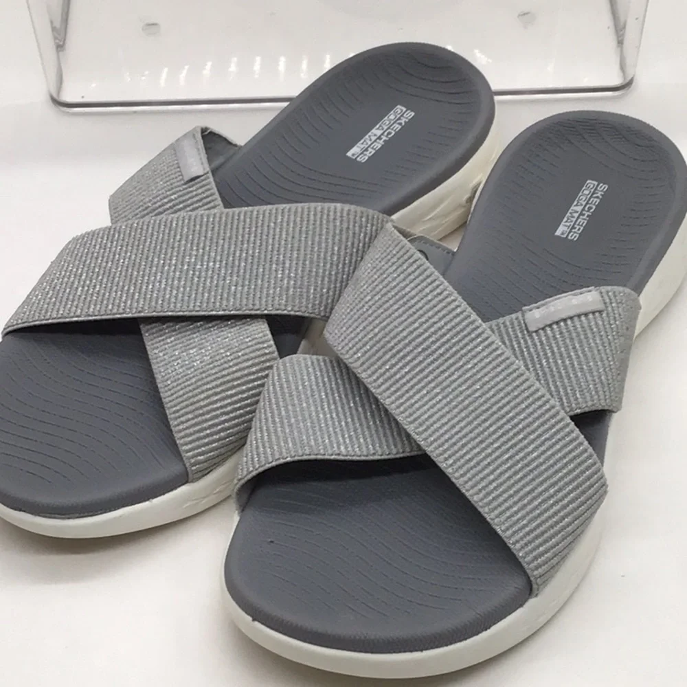 Skechers Goga Mat Gray Stretch Criss Cross Slide On Sandal - Picture 6 of 9